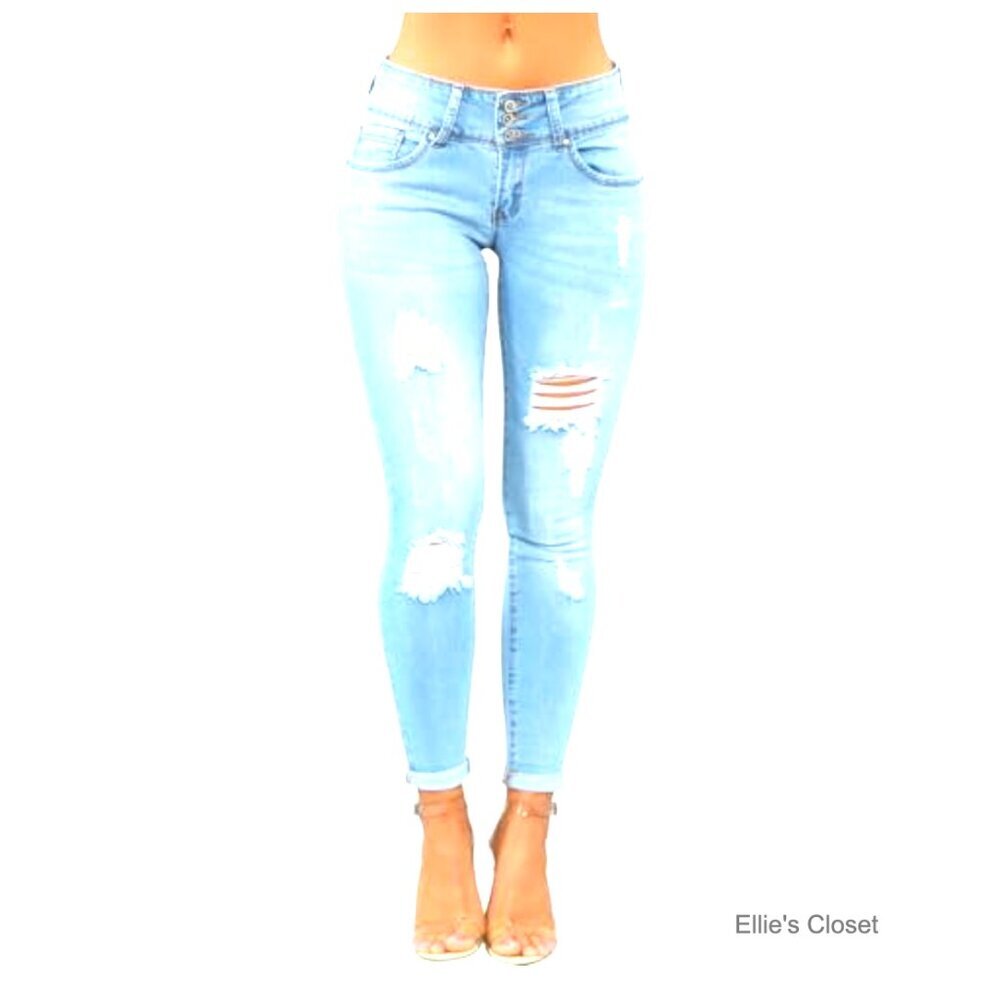 Skinny Ripped Distressed Jeans Stretchy Denim Pants Mid Waisted - Picture 2 of 6